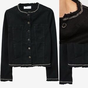 MANGO MNG- black beaded embellished trim denim jacket